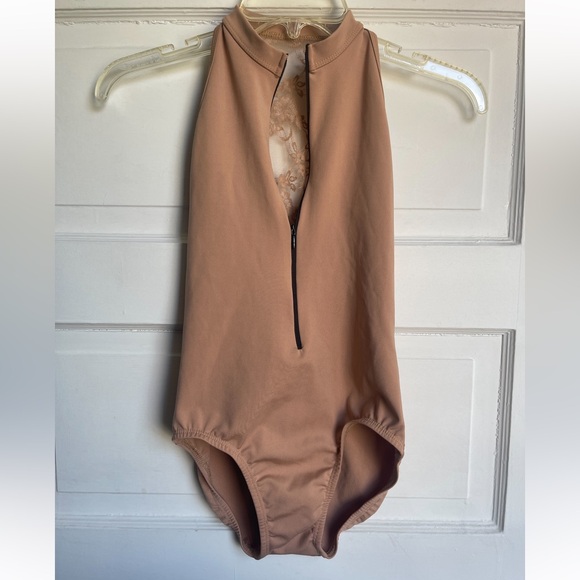 NWOT Suffolk Zip Front Mock Turtleneck Lace Back Adult Small Leotard - Picture 1 of 11